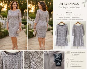 JH Evening Taupe Lace Sequin Sheath Dress Women 16 Luxury Chic Romantic Formal
